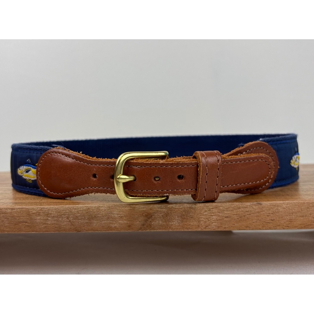 Preston Belt 24 Navy Blue Tuna‎ Fish Embroidered Nautical Preppy Canvas Leather